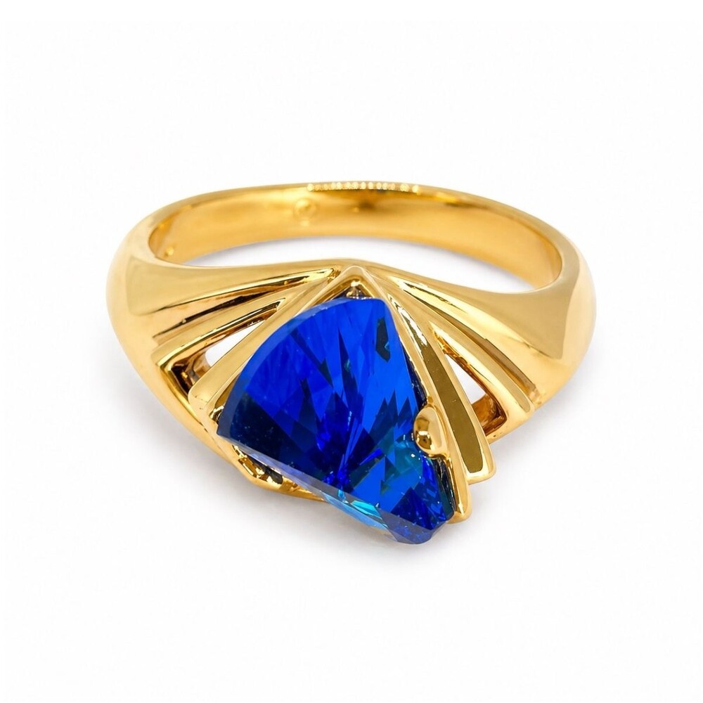 Vintage 1970s Ring Size 9 Blue Crystal Lens Cut Modernist Gold Plated - 14I